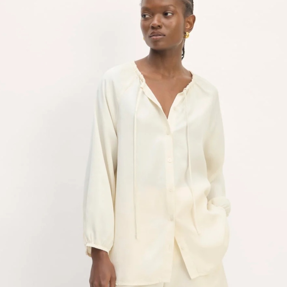 Everlane The Gathered Shirt Butterlite Ivory TENCEL Lyocell Blouse XL